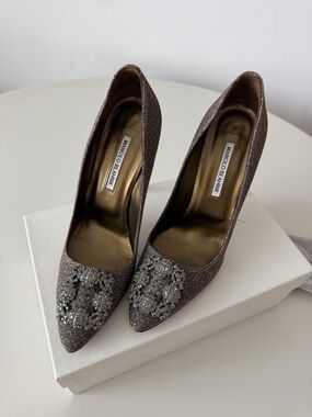 Manolo Blahnik Metallic Bronze Pointed-Toe Pumps with Crystal Embellishment